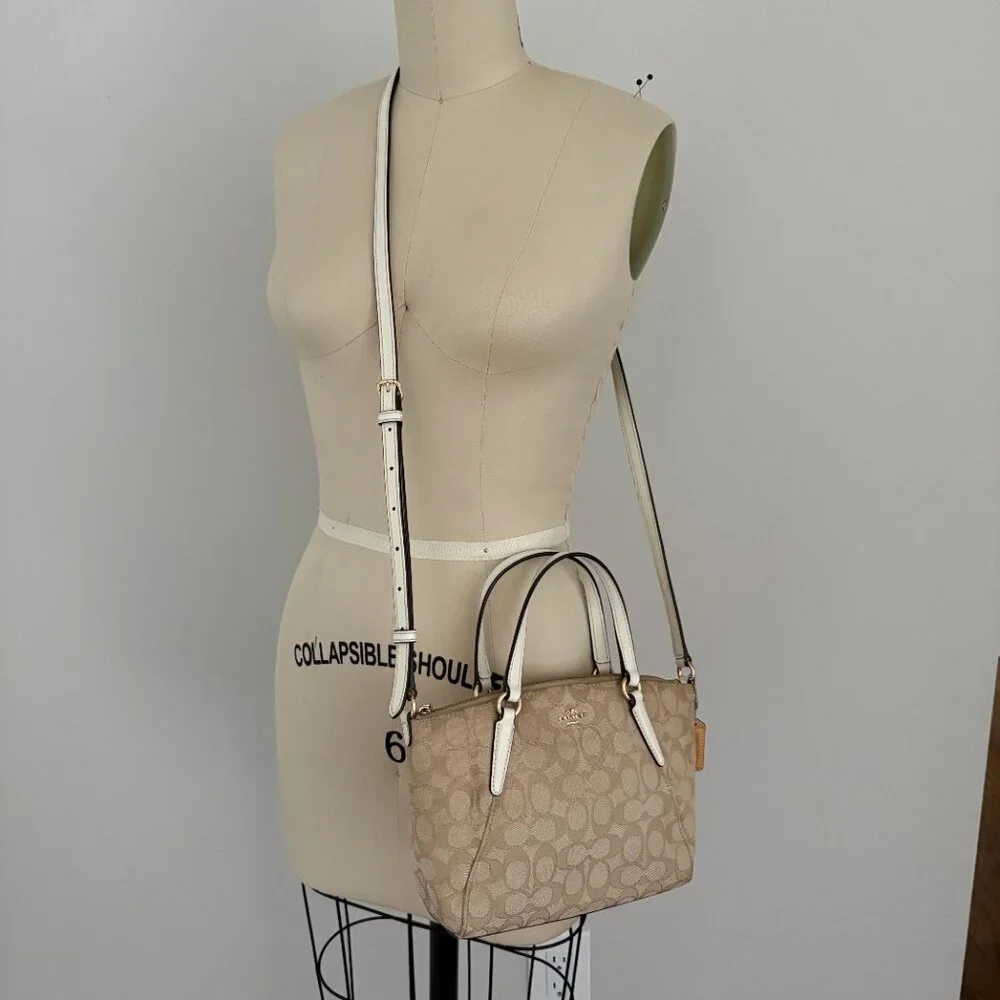 COACH Mini Kelsey Signature Logo Satchel Crossbody Light Khaki/Chalk Bag